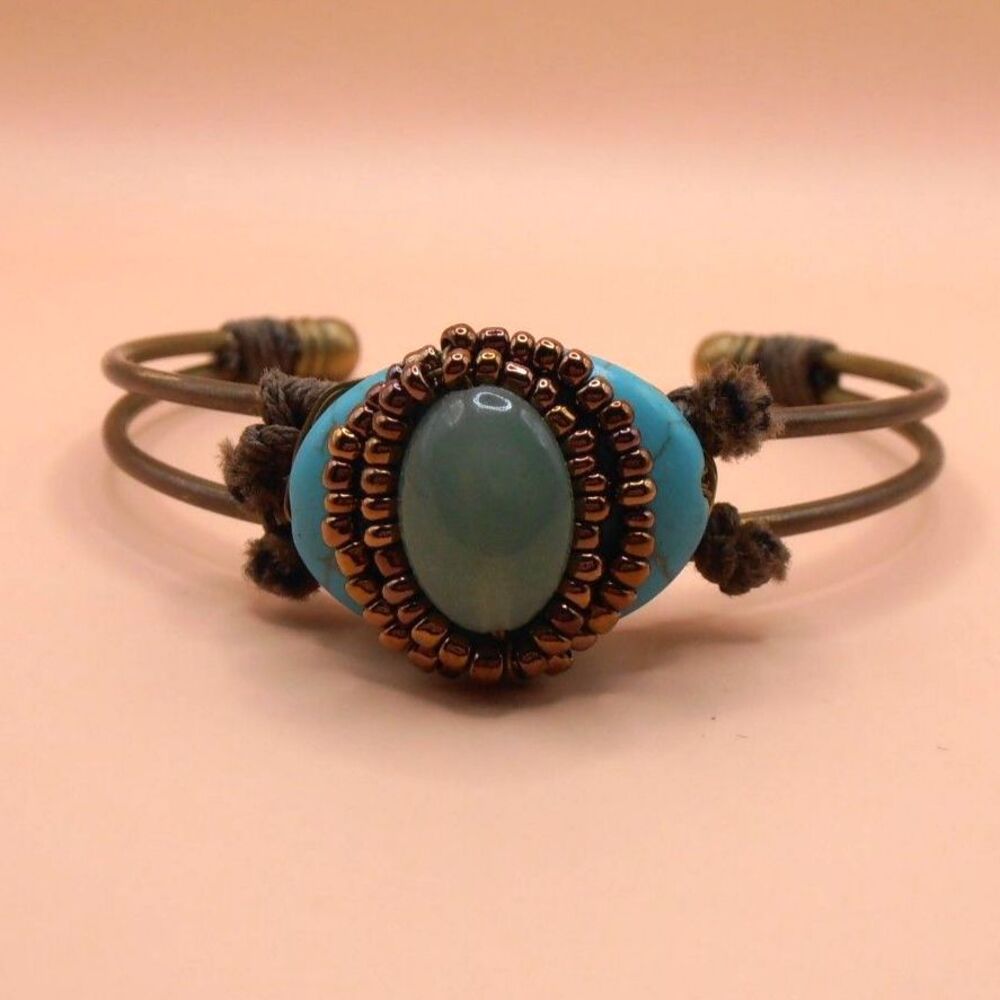 Turquoise & Jade Brass Cuff Bracelet w/ Seed Beads, Wire Wrapping & Macramé